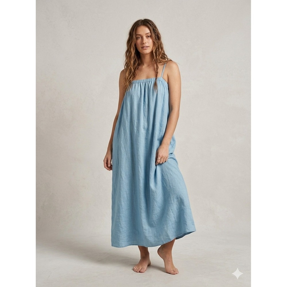 FILOSOFIA Women Light Blue 100% Linen Spaghetti Strap Maxi Dress Pockets Size M